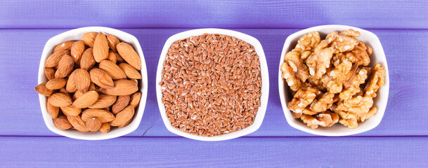 Natural sources of omega 3 acids, minerals and fiber, healthy nutrition concept