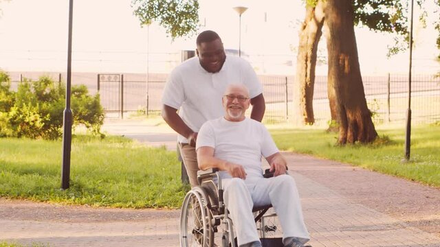African-American caregiver and old disabled man in a wheelchair. Professional nurse and handicapped patient in the park. Assistance, rehabilitation and health care. Golden hour sunset.