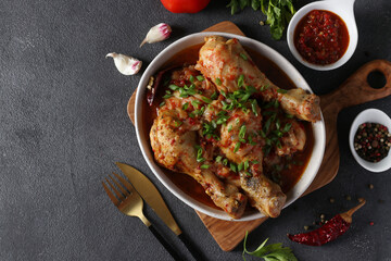 Georgian meat dish chashushuli with chicken and tomato on wooden board on dark gray table. Top view. Copy space