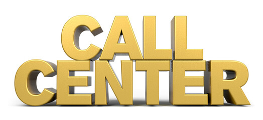 Call Center word made from realistic gold isolated on white background. 3d illustration.	