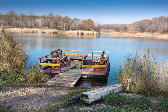 Wooden Raft Made Of Boards And Beams For Relaxing On The Lake 