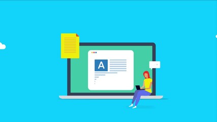 Woman writing content using laptop computer, blog writing, journal, article, copy writer concept. 2d animation 4k video clip.