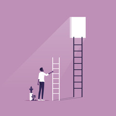 Business finding creative solution vector concept, Businessman with staircase looking at window in wall, Symbol of challenge, overcome, ambition and motivation