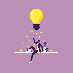 Business idea to make money vector concept, Businessman came up with a brilliant idea that brings money, innovation and creativity to make profit investment or financial planning concept