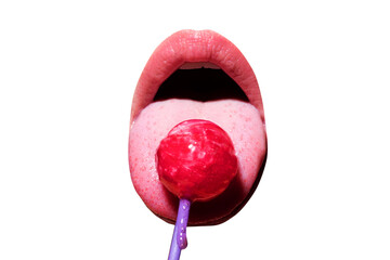Mouth licking lollipop, red female glossy lips and pink candy lollipop isolated on white.