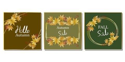 Fototapeta na wymiar Set of autumn vector template decoration with golden maple leaves and berries on autumn colors. Autumn sale, fall banner, autumn concept web template. Vector illustration.