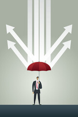 Businessman with umbrella protecting arrows rain