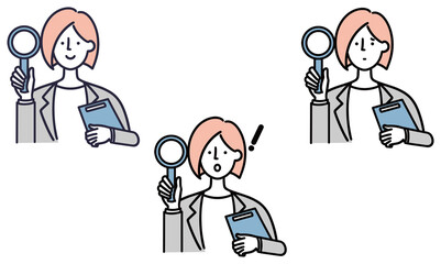 虫眼鏡を持っている女性　経済　情報　シンプルイラスト