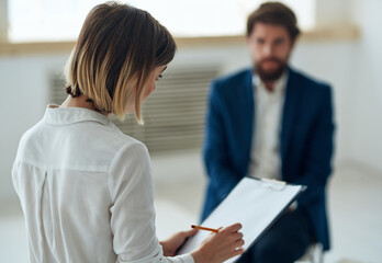 woman psychologist communicates with the patient problems depression diagnostics of the patient