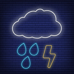 Cloud with rain and lightning icon glow neon style, concept weather condition outline flat vector illustration, isolated on black. Brick background.