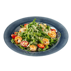 Isolated shrimp and arugula salad with tomatoes and parmesan
