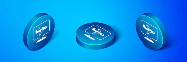 Isometric Plane icon isolated on blue background. Flying airplane icon. Airliner sign. Blue circle button. Vector