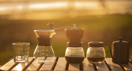 Camping equipment for drip coffee When the sun is shining, it's orange and looks warm.
