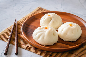 Chinese meat buns, Asian streamed buns, stuff minced pork and egg, ready to eat