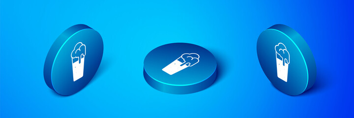 Isometric Glass of beer icon isolated on blue background. Blue circle button. Vector