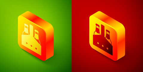 Isometric Pack of beer bottles icon isolated on green and red background. Case crate beer box sign. Square button. Vector