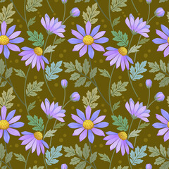 Purple daisies flowers seamless pattern for fabric textile wallpaper.