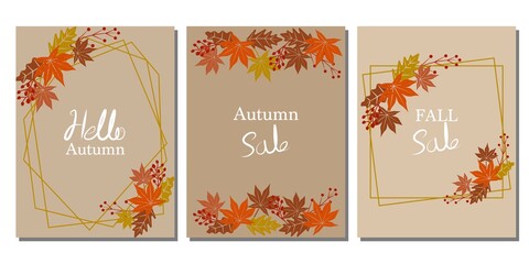 Set of autumn vector template decoration with colorful maple leaves and berries. Autumn sale, fall banner, autumn concept web template. Vector illustration.