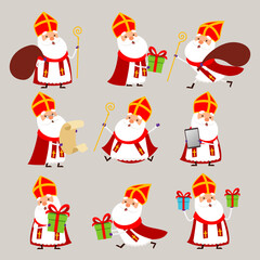 Fototapeta premium Cute Saint Nicholas or Sinterklaas collection - vector illustration