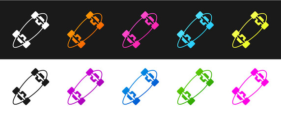 Set Longboard or skateboard cruiser icon isolated on black and white background. Extreme sport. Sport equipment. Vector