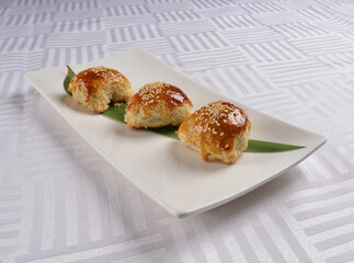 baked crispy golden pastry with meat pork char siew su asian pastry Hong Kong dim sum menu