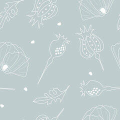 seamless pattern with flowers. Doodle poppy flowers. white outline grey background