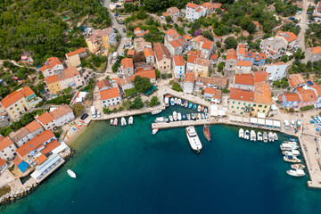 Obraz premium Aerial view of Valun, a town in Cres Island, the Adriatic Sea in Croatia
