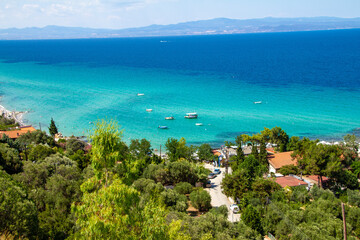 Greece, elevated view of Afitos beach