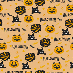 The Halloween holiday. Cat and pumpkin on a seamless pattern. A black silhouette of a cat with a cloud of thoughts about sweets.