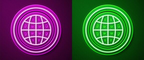Glowing neon line Global technology or social network icon isolated on purple and green background. Vector