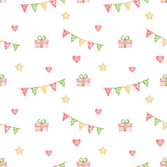 Watercolor seamless pattern with garlands, gifts and hearts. Image for textiles and decor