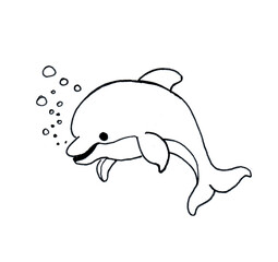 The drawing of a dolphin diving is made with a black liner