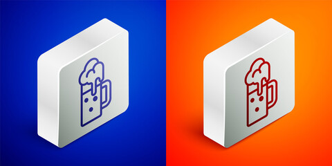 Isometric line Wooden beer mug icon isolated on blue and orange background. Silver square button. Vector