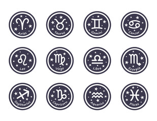 Set of 12 Zodiac signs with titles. The signs of Aries, Taurus, Gemini, Cancer, Leo, Virgo, Libra, Scorpio, Aquarius, Sagittarius, Capricorn, Pisces. Round vector illustration on blue background