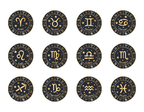 Set of 12 Zodiac signs with titles. The signs Aries, Taurus, Gemini, Cancer, Leo, Virgo, Libra, Scorpio, Aquarius, Sagittarius, Capricorn, Pisces. Golden vector illustration in circles of Zodiac signs