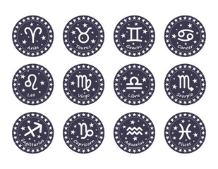 Set of 12 Zodiac signs with titles and stars. The signs of Aries, Taurus, Gemini, Cancer, Leo, Virgo, Libra, Scorpio, Aquarius, Sagittarius, Capricorn, Pisces. Vector illustration in circle of stars