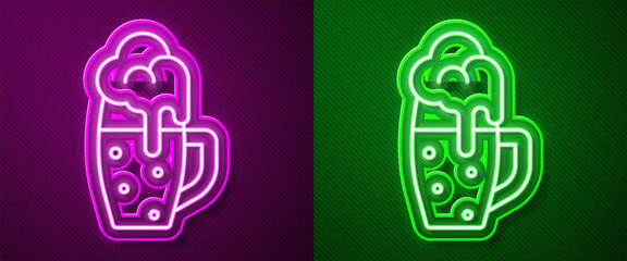 Glowing neon line Glass of beer icon isolated on purple and green background. Vector