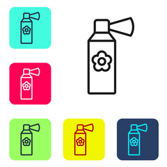 Black line Air freshener spray bottle icon isolated on white background. Air freshener aerosol bottle. Set icons in color square buttons. Vector
