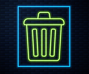 Glowing neon line Trash can icon isolated on brick wall background. Garbage bin sign. Recycle basket icon. Office trash icon. Vector