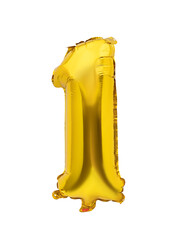 Number 1 golden foil balloon party decor on white background, birthday anniversary concept