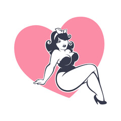 happy plus size pinup girl on heart shape background - 445837347