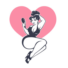 happy plus size pinup girl on heart shape background - 445837363
