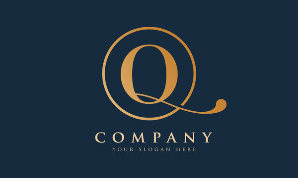 Initial Q letter Gold Color With Black Background Logo Design vector Template. Calligraphy Letter Q Logo Design