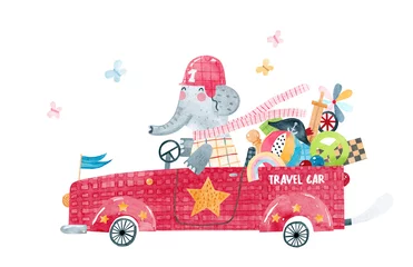 Schönes rotes Auto mit niedlichem Elefantenfahrer. Aquarell-Illustration. Kinderdekor. © bukhavets