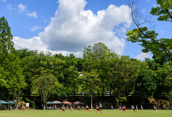 Fototapeta na wymiar 夏の光る青空の下で少年サッカーの練習風景