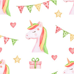 Watercolor seamless pattern with a unicorn pony. Illustration for kids textiles and nursery design 