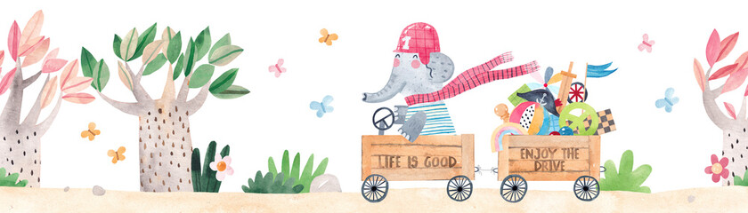 Fototapety  Eco trail in the parkt. Cute elephant drives a wooden box in the park. Watercolor illustration. Seamless pattern. Horizontal border.