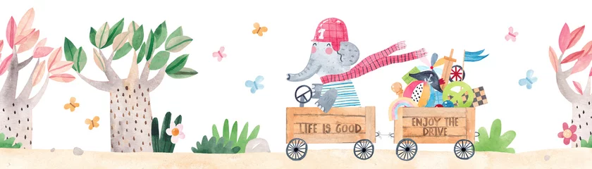 Eco-Trail im parkt. Süßer Elefant fährt eine Holzkiste im Park. Aquarell-Illustration. Nahtloses Muster. Horizontaler Rand. © bukhavets