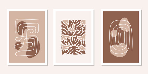  Modern set posters with abstract brown organic shapes and lines. Contemporary minimal wall art decor. Matisse vector prints