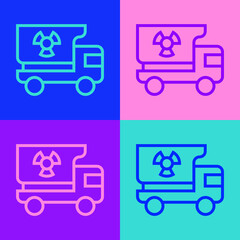 Pop art line Truck with radiation materials icon isolated on color background. Vector